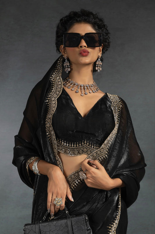 Black Satin Fendi Saree with Stone Handwork