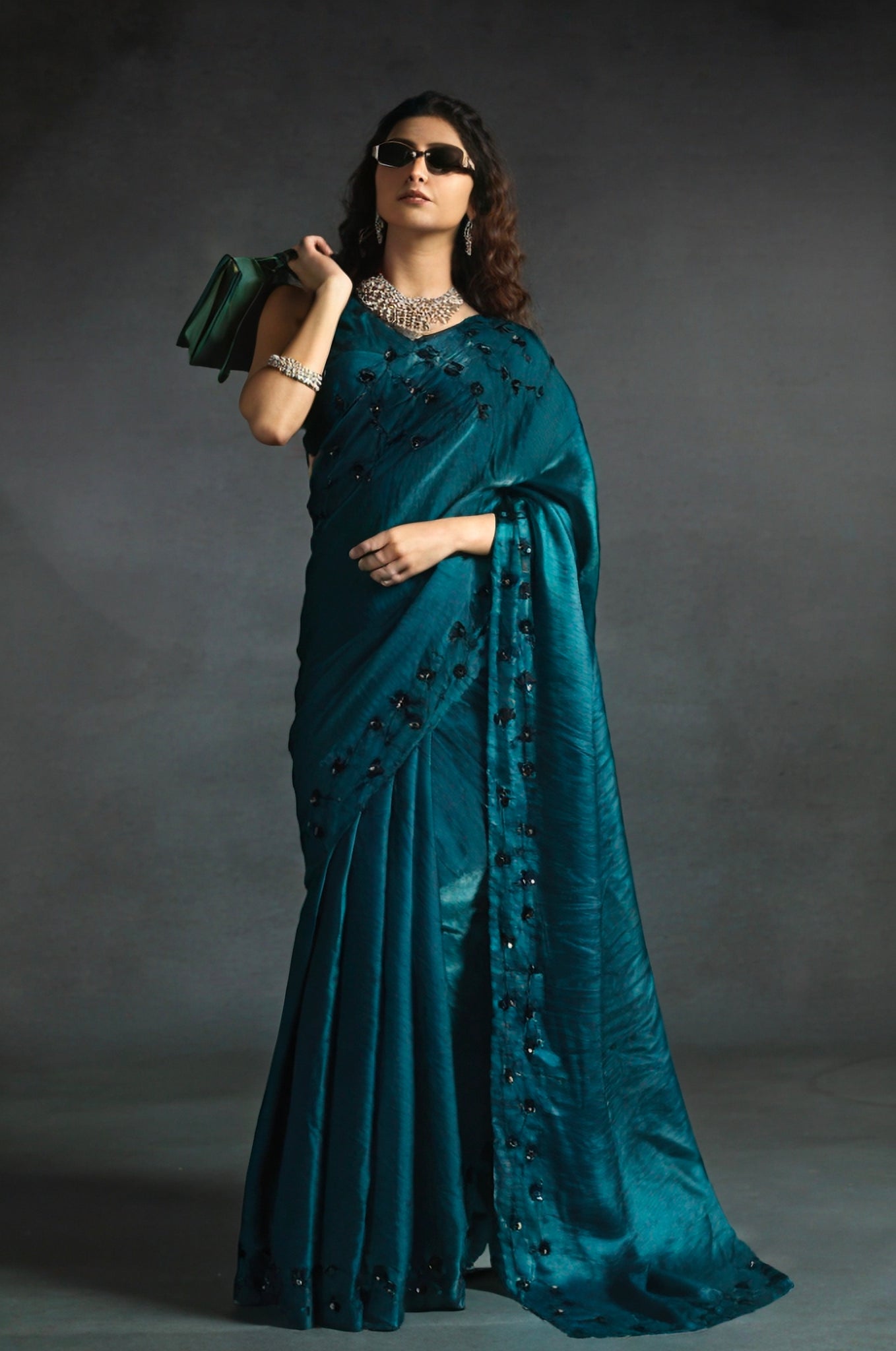 Teal Satin Fendi Saree with Handcrafted Sequence Work