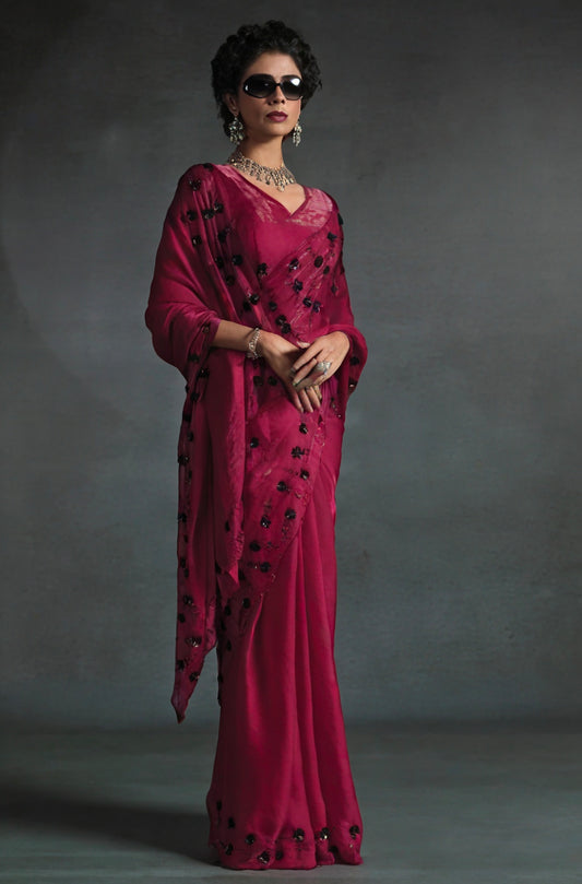 Burgundy Satin Saree with Handcrafted Sequence Work