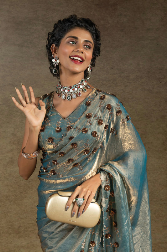 Cyan with Golden Hues Embroidered Sequin Satin Fendi