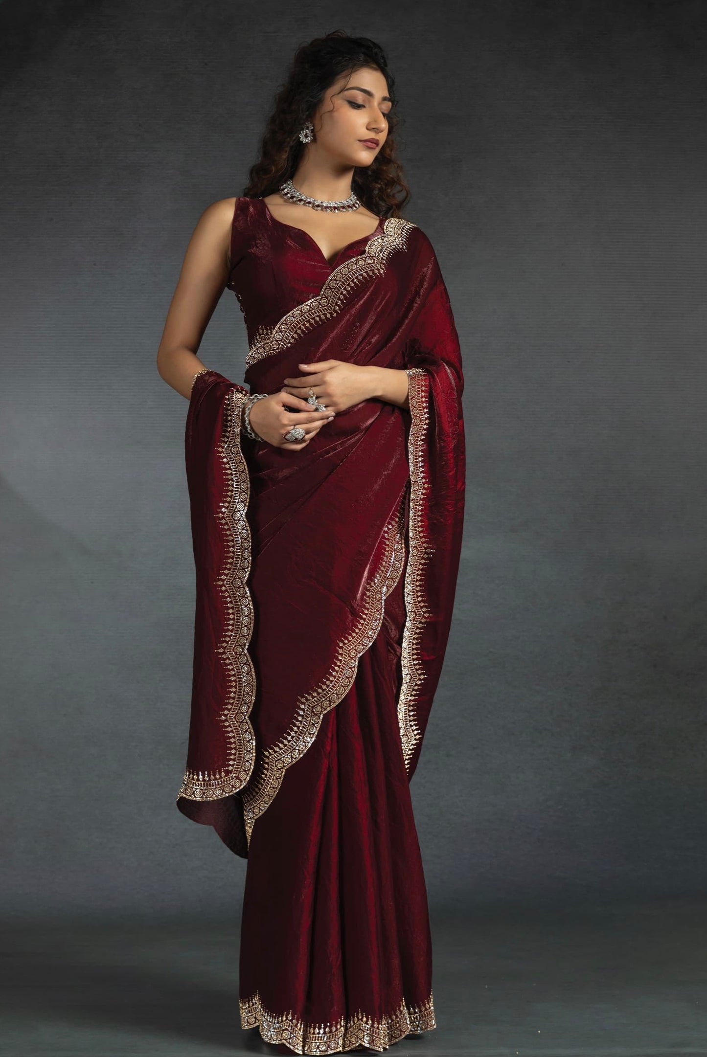 Crimson Satin Fendi Saree with Stone Handwork