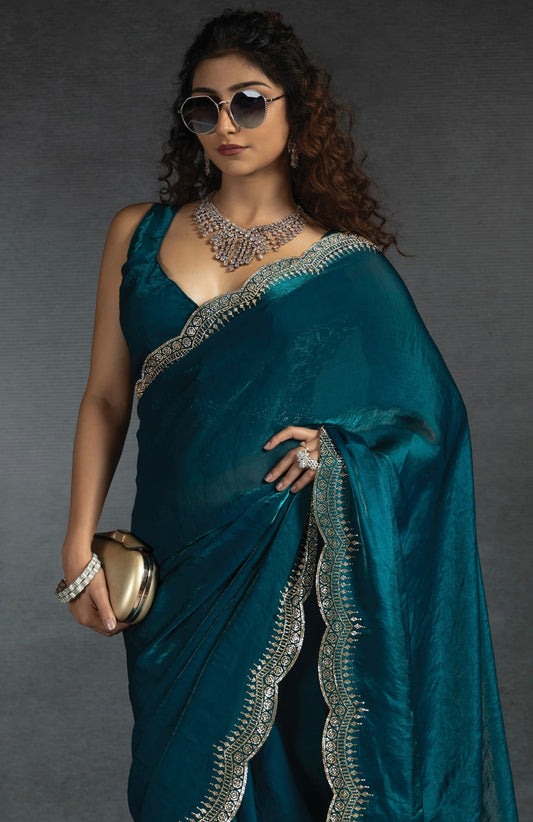 Deep Teal Satin Fendi Saree with Stone Handwork