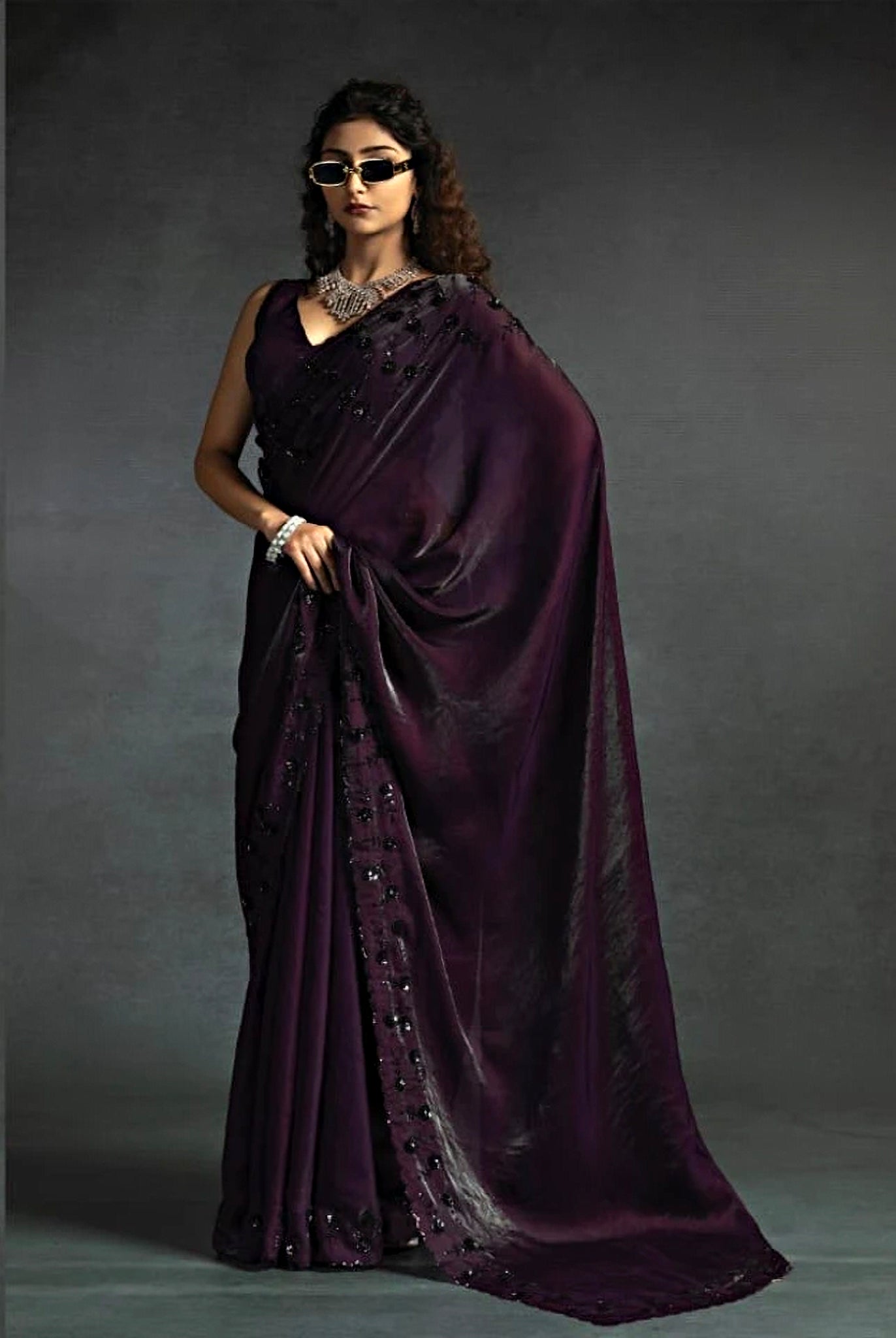Plum Satin Fendi Saree with Handcrafted Stonework Product