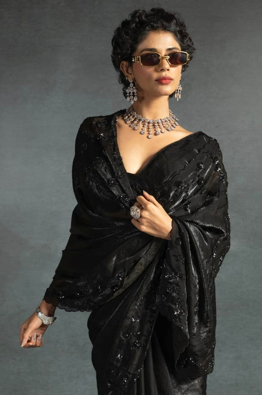 Black Satin Fendi Saree with Sparkling Sequence Work