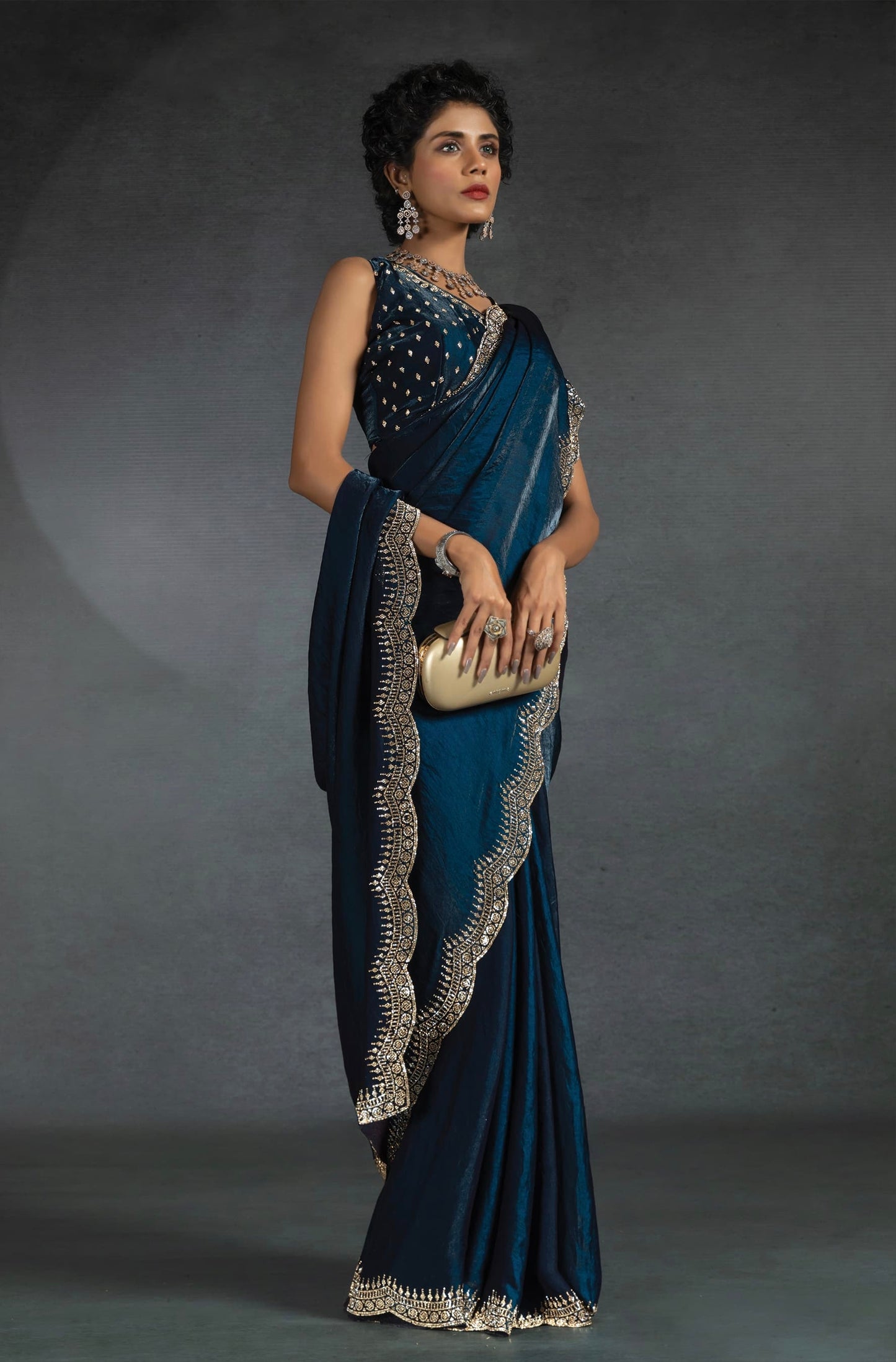 Midnight Blue Satin Fendi Saree with Stone Handwork