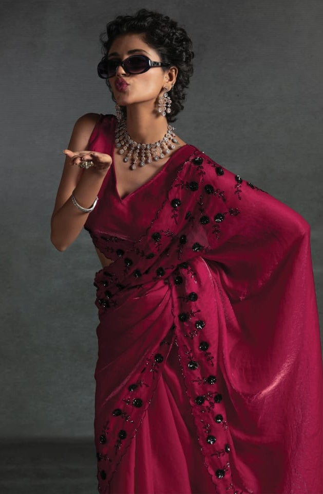 Burgundy Satin Saree with Handcrafted Sequence Work