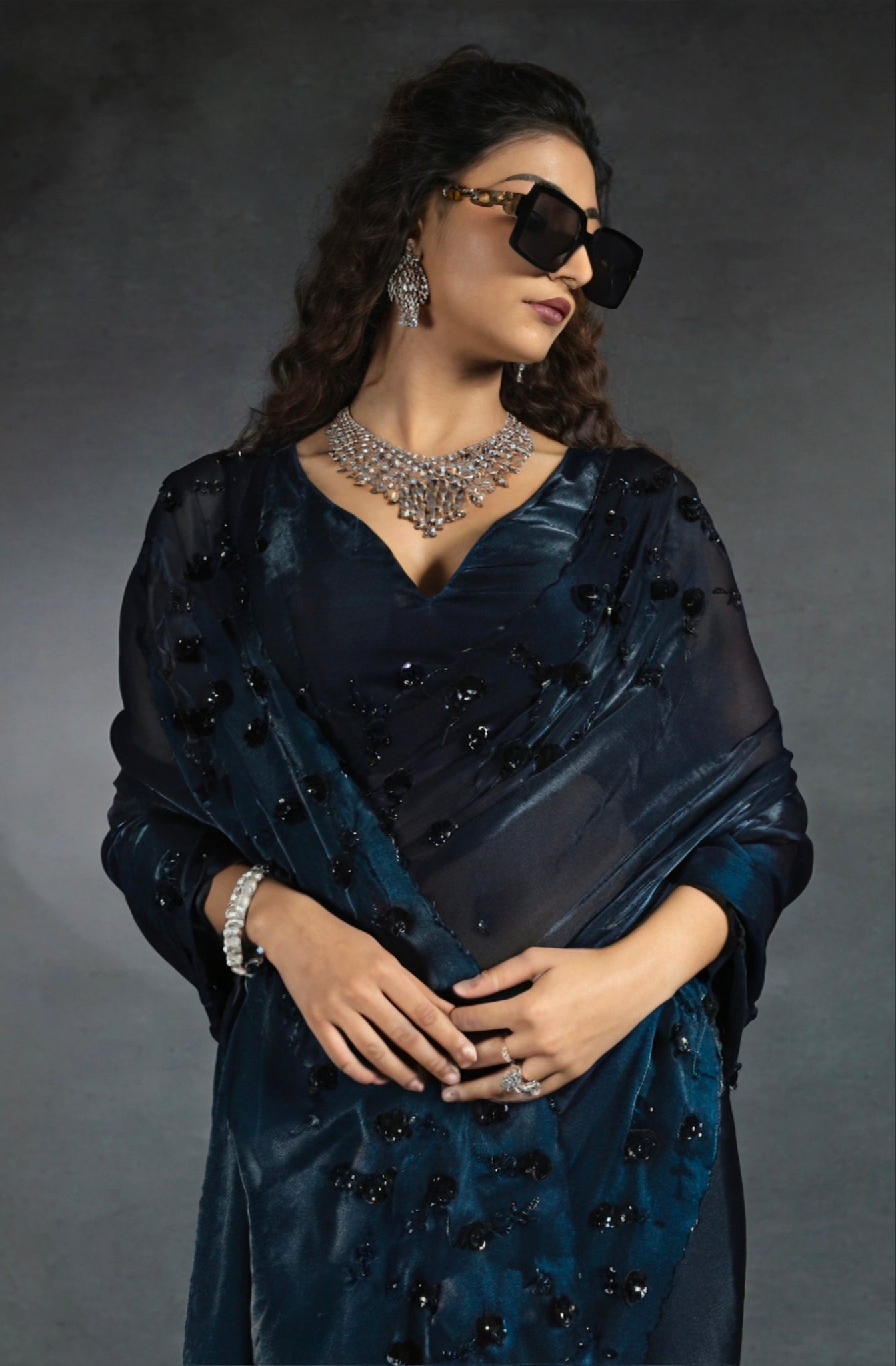 Deep Teal Satin Fendi Saree with Handcrafted Stonework