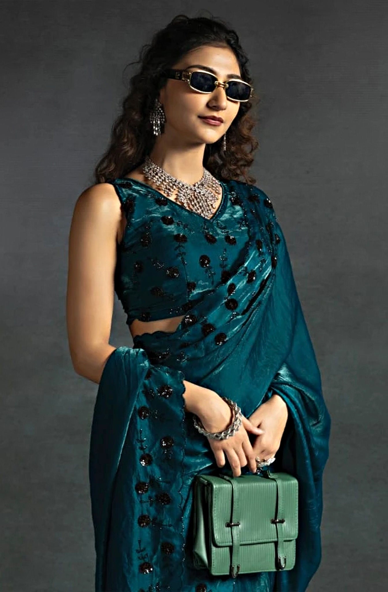 Teal Satin Fendi Saree with Handcrafted Sequence Work